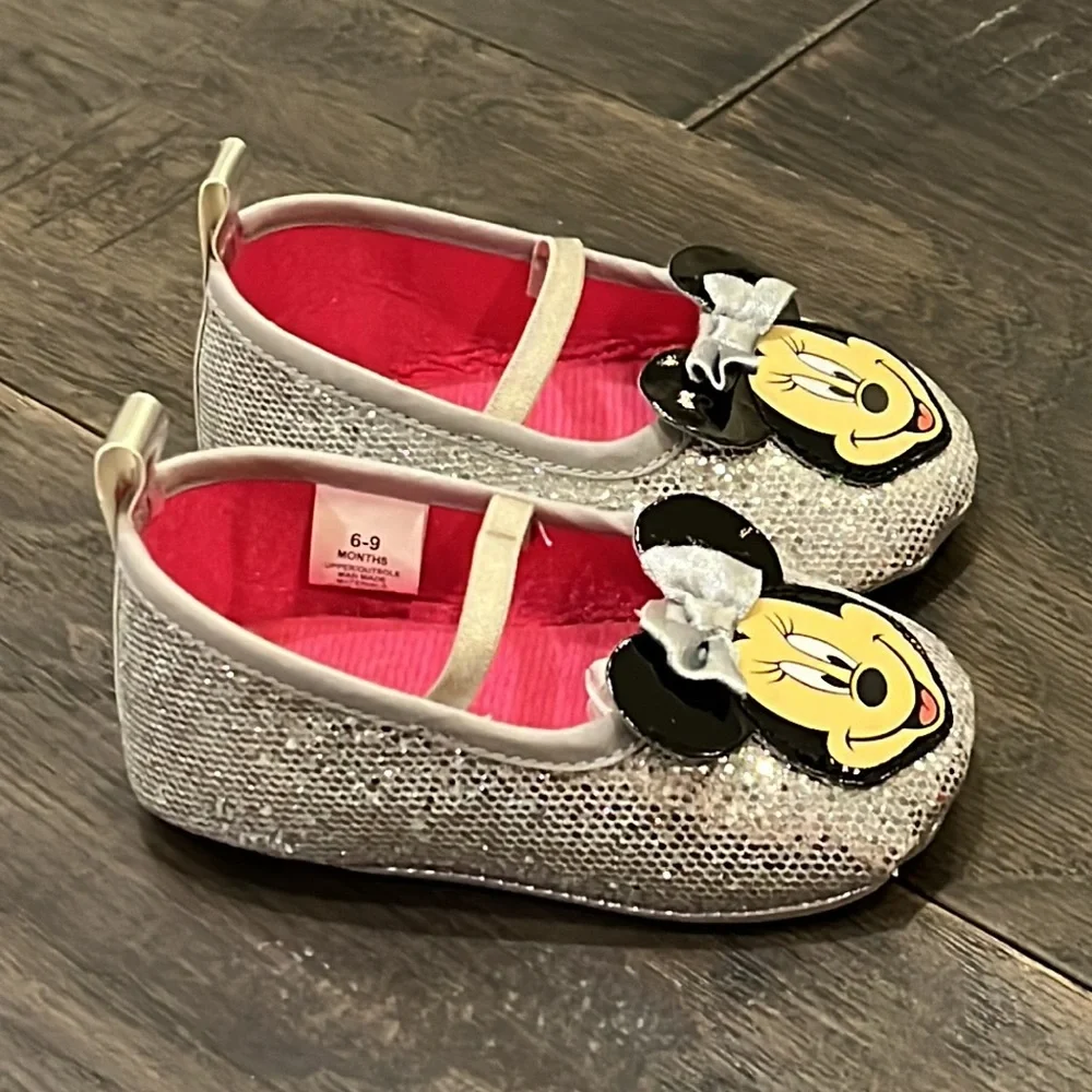 Disney Minnie Mouse maryjane Mary Jane Crib Shoes silver Baby Infant Girl 6-9 mo